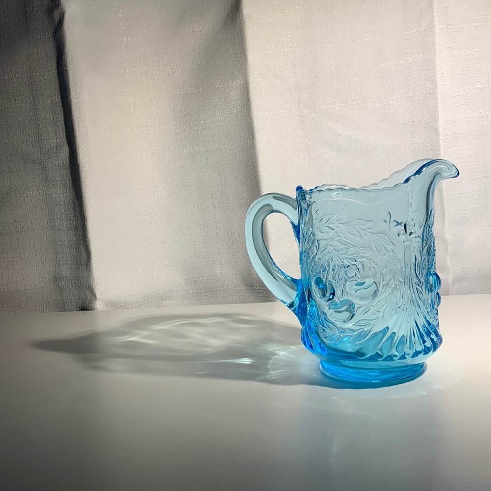 Vintage Dugan /  LG Wright - Wreathed Cherry Blue Glass Creamer Pitcher